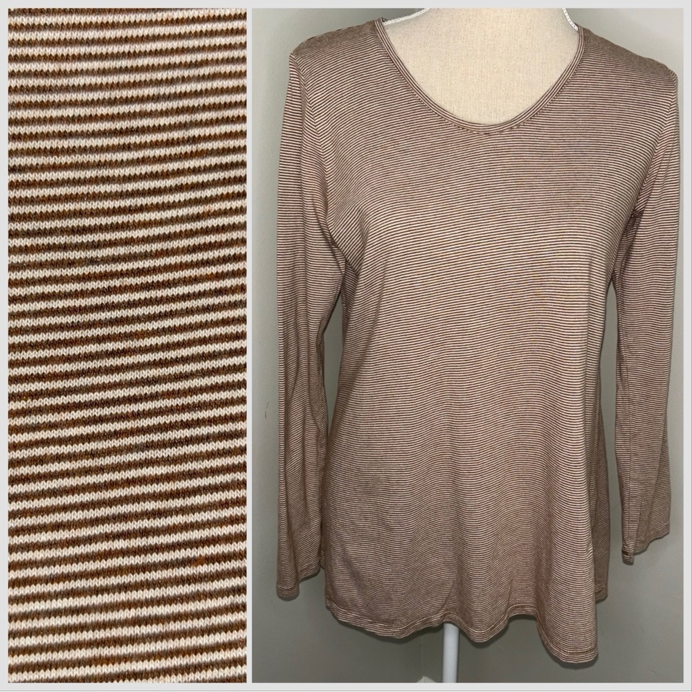 J Jill striped long sleeve shirred back peplum knit tunic top brown sz Small